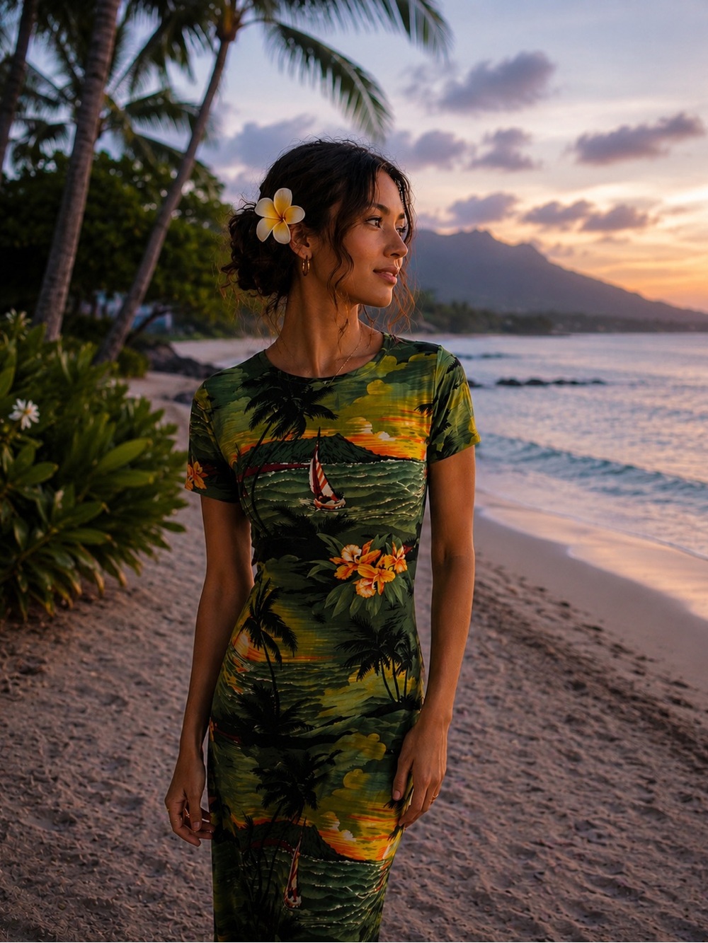 Vintage Y2K Hawaiian Print Bodycon Maxi Dress Tropical Resort Boho Goddess 🌺